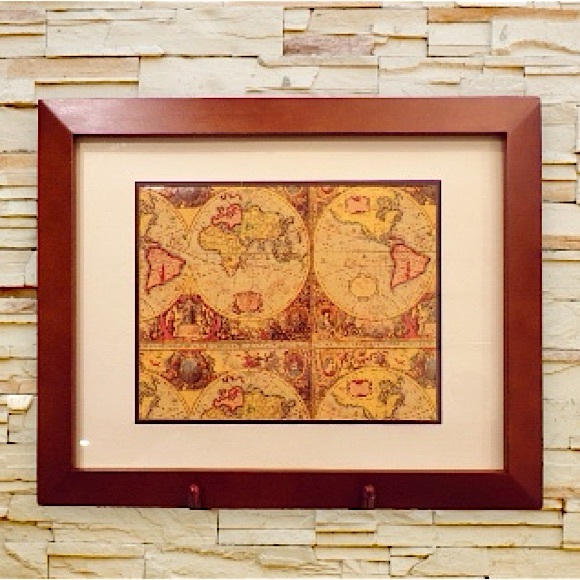 Mid-Century Modern 11 x 14 Cherry Wood Framed Artwork Subject Old World Map